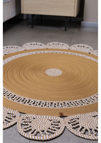 Jüt Hasır Görünümlü Desenli Modern El Örgüsü Daire Halı Kilim