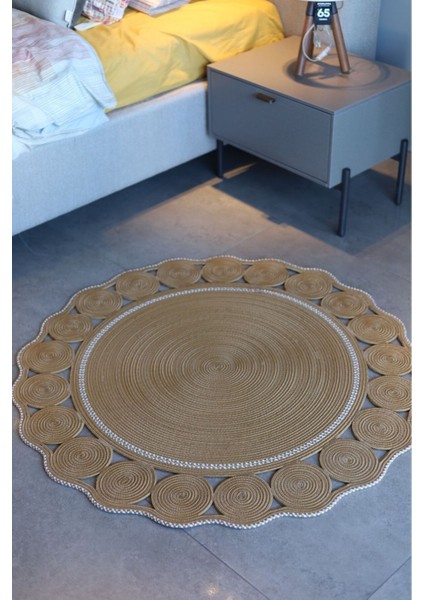 Jüt Hasır Görünümlü Desenli Modern El Örgüsü Daire Halı Kilim