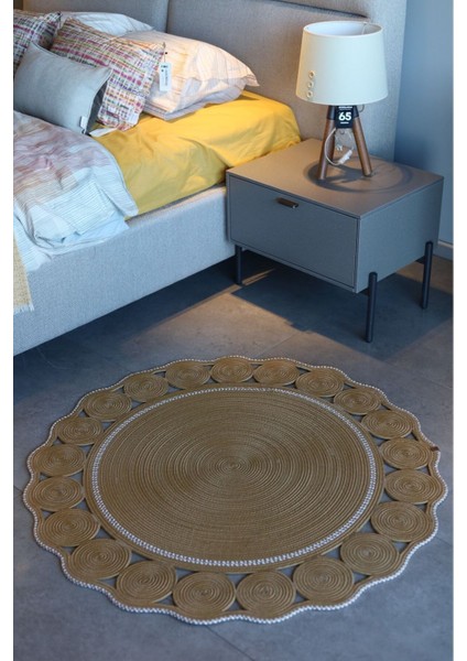 Jüt Hasır Görünümlü Desenli Modern El Örgüsü Daire Halı Kilim
