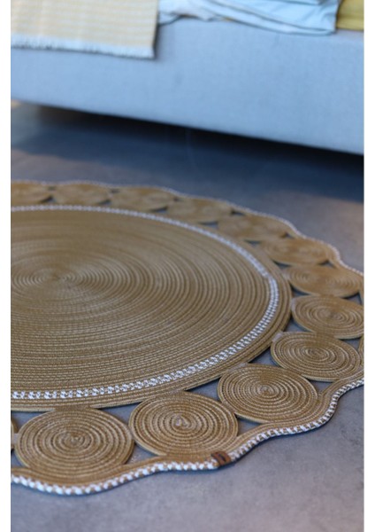 Jüt Hasır Görünümlü Desenli Modern El Örgüsü Daire Halı Kilim