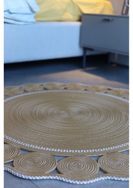 Jüt Hasır Görünümlü Desenli Modern El Örgüsü Daire Halı Kilim