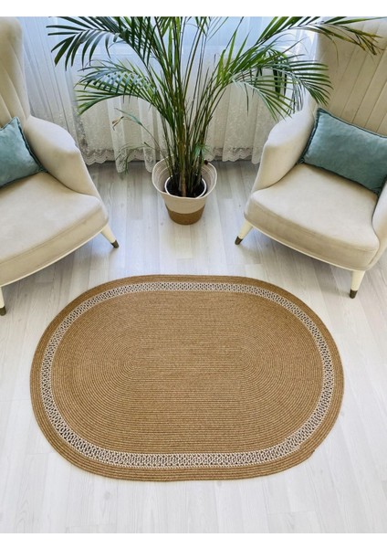 Jüt Hasır Görünümlü Desenli Modern El Örgüsü Oval Halı Kilim