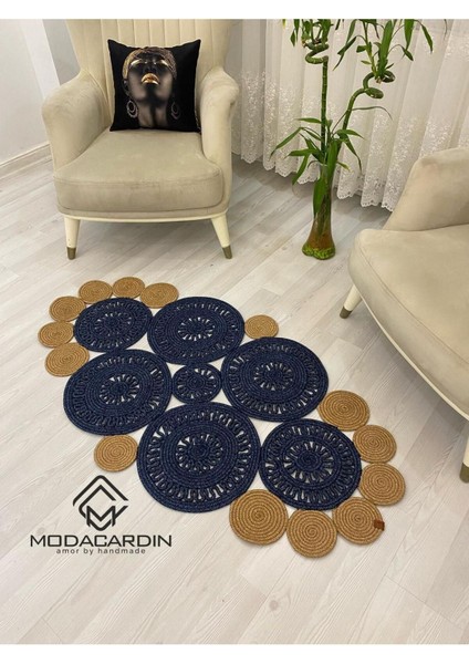 Jüt Hasır Görünümlü Desenli Modern El Örgüsü Oval Halı Kilim