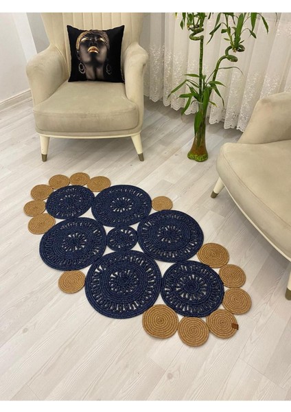 Jüt Hasır Görünümlü Desenli Modern El Örgüsü Oval Halı Kilim