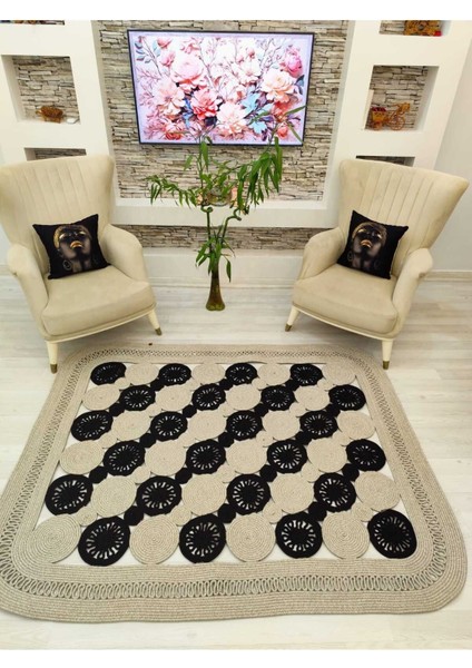 Jüt Hasır Görünümlü Desenli Modern El Örgüsü Dikdörtgen Halı Kilim