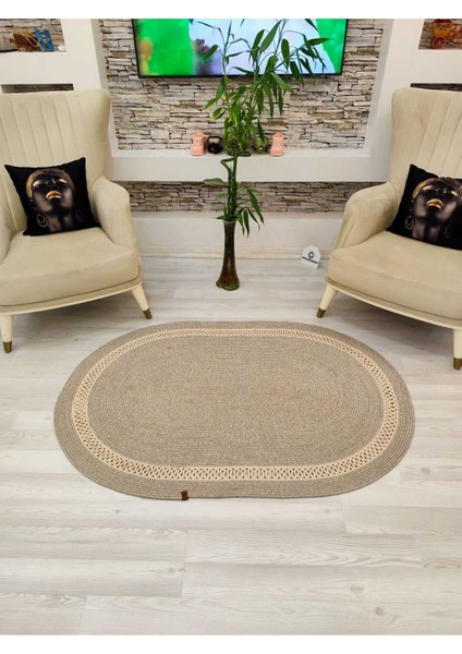 Jüt Hasır Görünümlü Desenli Modern El Örgüsü Oval Halı Kilim