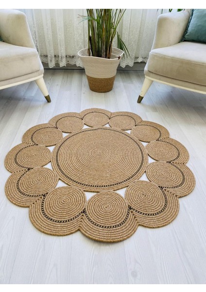 Jüt Hasır Görünümlü Desenli Modern El Örgüsü Daire Halı Kilim