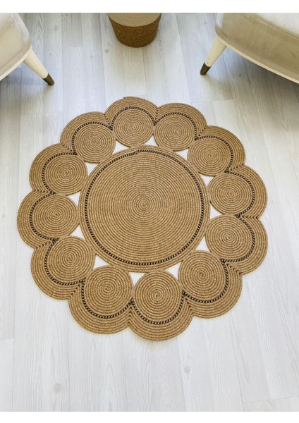 Jüt Hasır Görünümlü Desenli Modern El Örgüsü Daire Halı Kilim