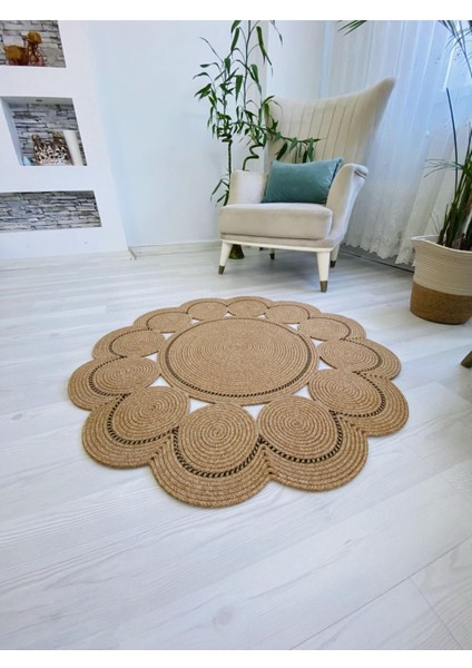 Jüt Hasır Görünümlü Desenli Modern El Örgüsü Daire Halı Kilim