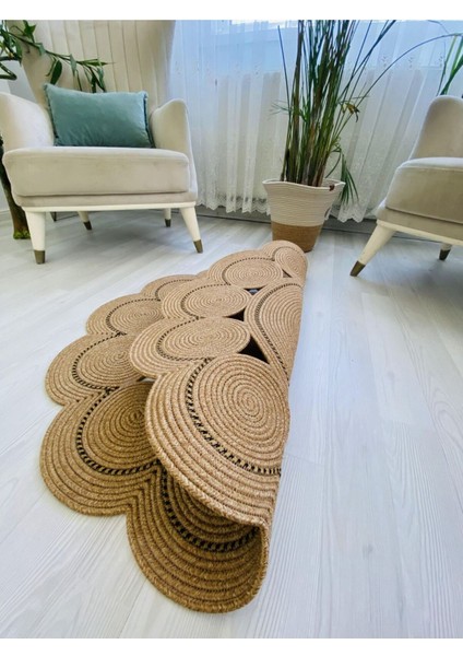 Jüt Hasır Görünümlü Desenli Modern El Örgüsü Daire Halı Kilim