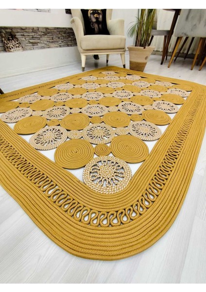 Jüt Hasır Görünümlü Desenli Modern El Örgüsü Dikdörtgen Halı Kilim