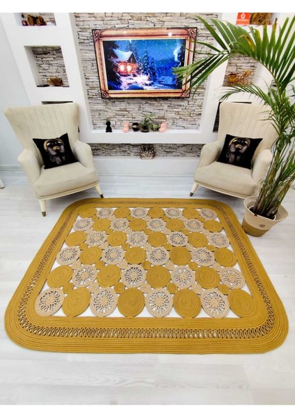 Jüt Hasır Görünümlü Desenli Modern El Örgüsü Dikdörtgen Halı Kilim