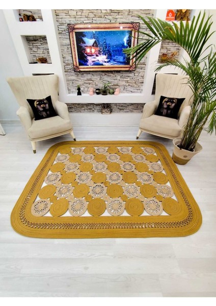 Jüt Hasır Görünümlü Desenli Modern El Örgüsü Dikdörtgen Halı Kilim