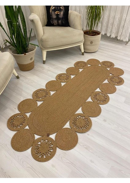 Jüt Hasır Görünümlü Desenli Modern El Örgüsü Oval Halı Kilim