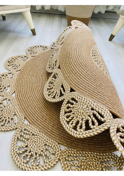 Jüt Hasır Görünümlü Desenli Modern El Örgüsü Daire Halı Kilim