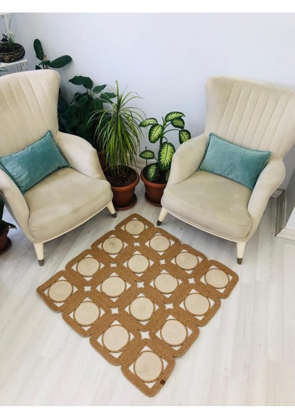 Jüt Hasır Görünümlü Desenli Modern El Örgüsü Dikdörtgen Halı Kilim