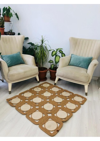 Jüt Hasır Görünümlü Desenli Modern El Örgüsü Dikdörtgen Halı Kilim