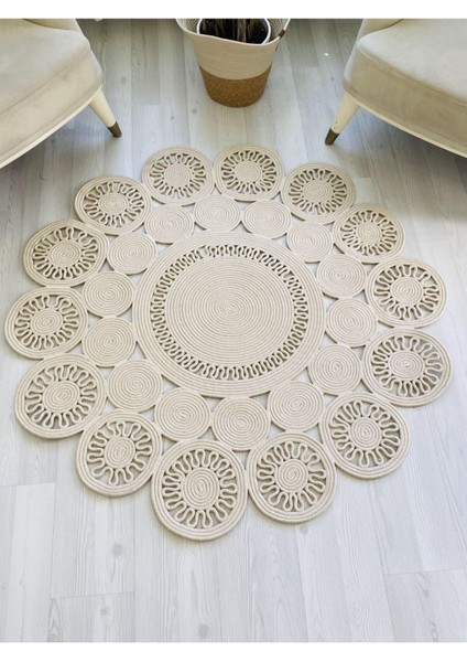 Jüt Hasır Görünümlü Desenli Modern El Örgüsü Daire Halı Kilim