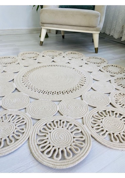 Jüt Hasır Görünümlü Desenli Modern El Örgüsü Daire Halı Kilim