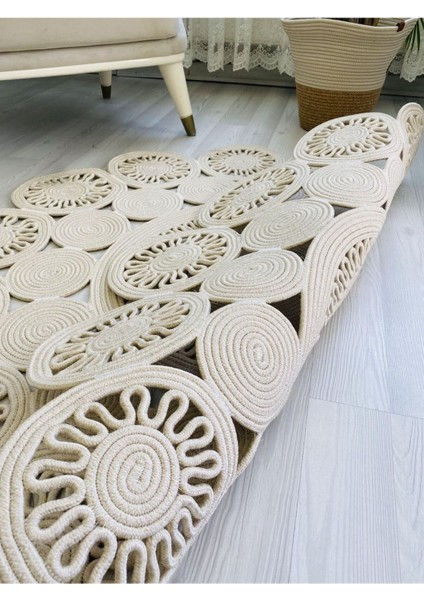 Jüt Hasır Görünümlü Desenli Modern El Örgüsü Daire Halı Kilim