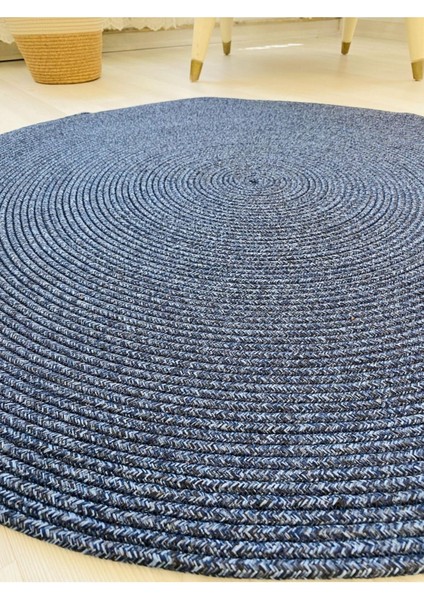 Jüt Hasır Görünümlü Desenli Modern El Örgüsü Daire Halı Kilim