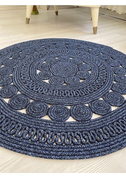 Jüt Hasır Görünümlü Desenli Modern El Örgüsü Daire Halı Kilim