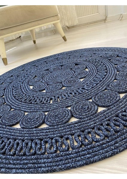 Jüt Hasır Görünümlü Desenli Modern El Örgüsü Daire Halı Kilim