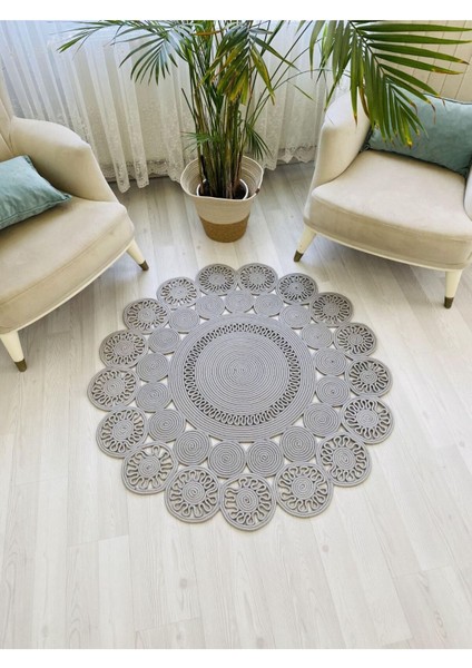 Jüt Hasır Görünümlü Desenli Modern El Örgüsü Daire Halı Kilim
