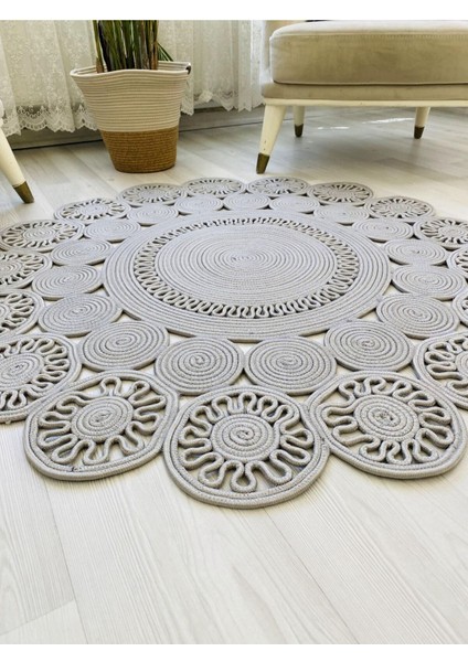 Jüt Hasır Görünümlü Desenli Modern El Örgüsü Daire Halı Kilim