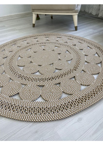 Jüt Hasır Görünümlü Desenli Modern El Örgüsü Daire Halı Kilim