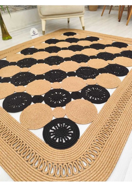 Jüt Hasır Görünümlü Desenli Modern El Örgüsü Dikdörtgen Halı Kilim