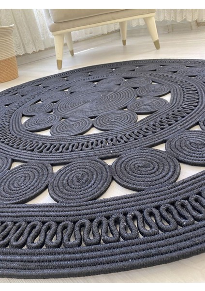 Jüt Hasır Görünümlü Desenli Modern El Örgüsü Daire Halı Kilim