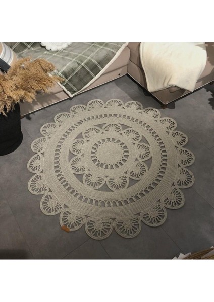 Jüt Hasır Görünümlü Desenli Modern El Örgüsü Daire Halı Kilim