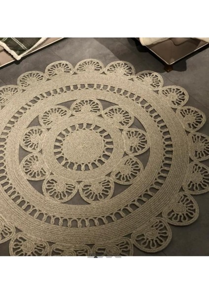 Jüt Hasır Görünümlü Desenli Modern El Örgüsü Daire Halı Kilim