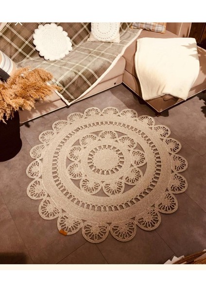 Jüt Hasır Görünümlü Desenli Modern El Örgüsü Daire Halı Kilim
