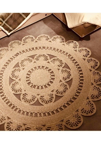Jüt Hasır Görünümlü Desenli Modern El Örgüsü Daire Halı Kilim