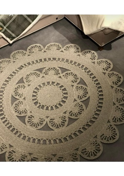 Jüt Hasır Görünümlü Desenli Modern El Örgüsü Daire Halı Kilim