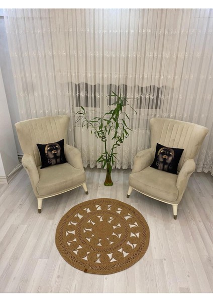 Jüt Hasır Görünümlü Desenli Modern El Örgüsü Daire Halı Kilim