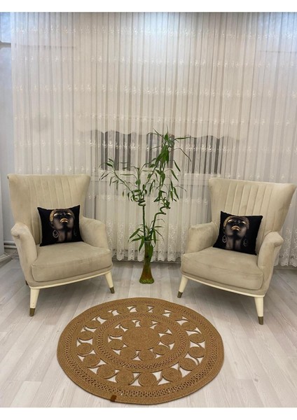 Jüt Hasır Görünümlü Desenli Modern El Örgüsü Daire Halı Kilim