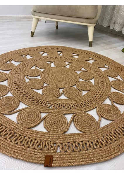 Jüt Hasır Görünümlü Desenli Modern El Örgüsü Daire Halı Kilim