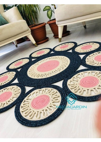 Jüt Hasır Görünümlü Desenli Modern El Örgüsü Daire Halı Kilim