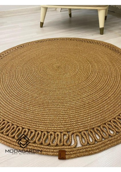 Jüt Hasır Görünümlü Desenli Modern El Örgüsü Daire Halı Kilim