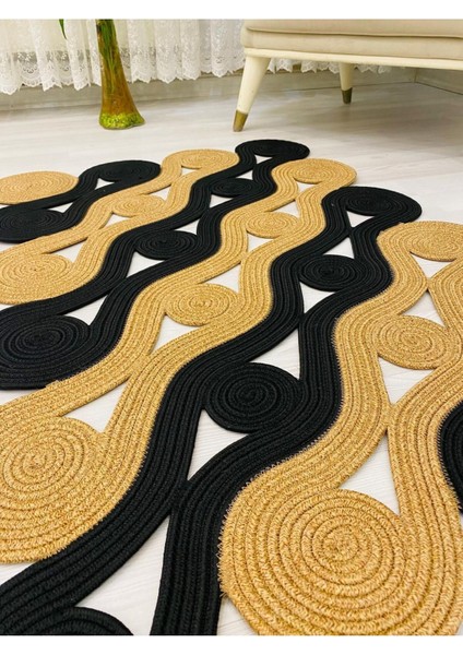 Jüt Hasır Görünümlü Desenli Modern El Örgüsü Dikdörtgen Halı Kilim