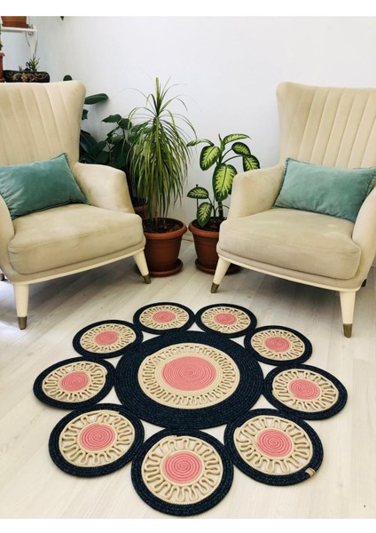 Jüt Hasır Görünümlü Desenli Modern El Örgüsü Daire Halı Kilim