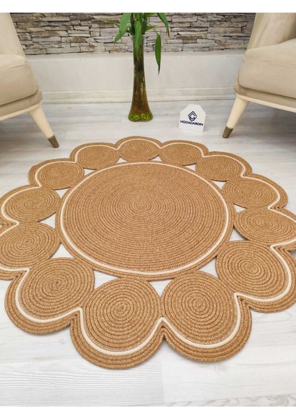 Jüt Hasır Görünümlü Desenli Modern El Örgüsü Daire Halı Kilim