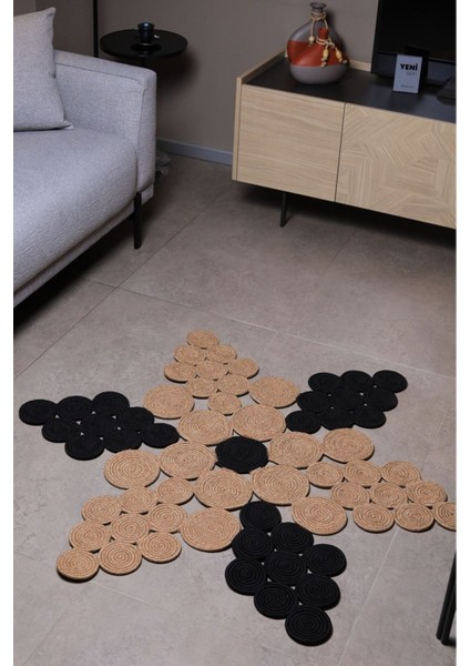 Jüt Hasır Görünümlü Desenli Modern El Örgüsü Daire Halı Kilim