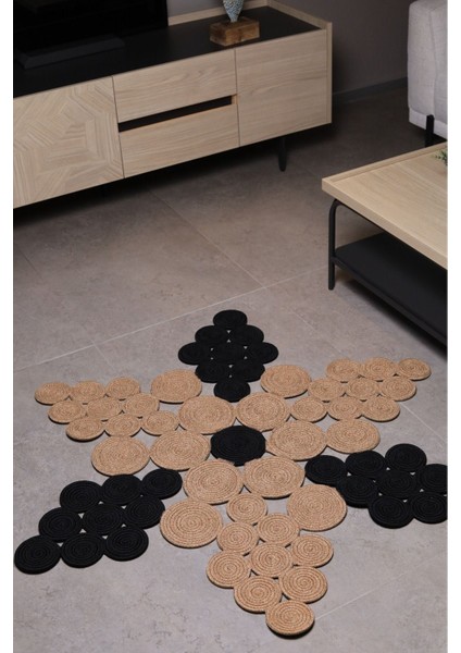 Jüt Hasır Görünümlü Desenli Modern El Örgüsü Daire Halı Kilim