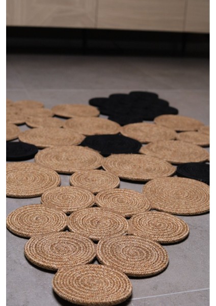 Jüt Hasır Görünümlü Desenli Modern El Örgüsü Daire Halı Kilim