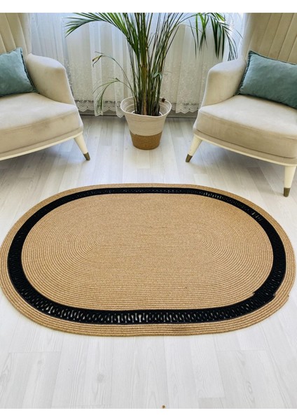 Jüt Hasır Görünümlü Desenli Modern El Örgüsü Oval Halı Kilim