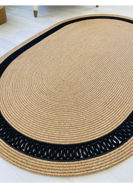 Jüt Hasır Görünümlü Desenli Modern El Örgüsü Oval Halı Kilim